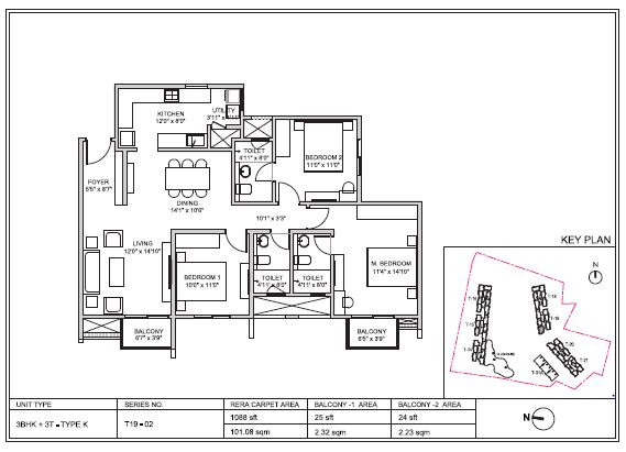 Birla Trimaya 3 BHK 1101 Sq Ft Floor Plan