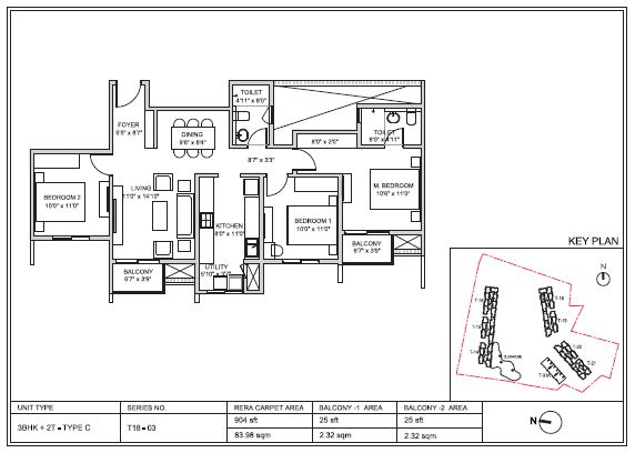 Birla Trimaya 3 BHK 904 Sq Ft Floor Plan